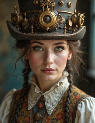 The primary subject of the image is a woman wearing a top hat and a corset. She is posing for the camera, and her outfit gives her a unique and stylish appearance. The setting appears to be a room with a wall in the background. The visual style of the image is a combination of photography and digital art, creating a vintage and artistic atmosphere. The colors in the image are predominantly dark, with the woman's outfit and the top hat being the main focus.